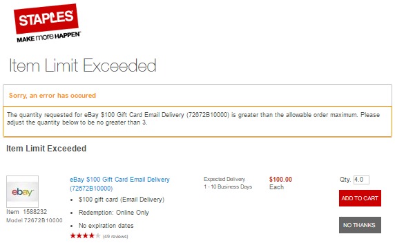 Staples Limits Quantity Of eGCs To 3 Per Order
