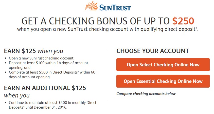 Suntrust Bank, $250 Checking Bonus (Select States)