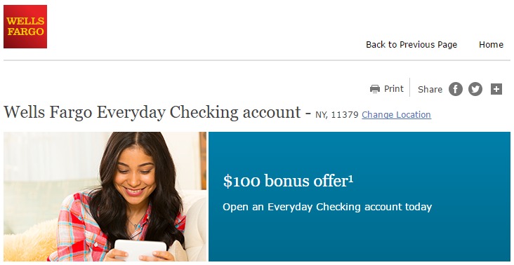 Wells Fargo, $100 Checking Bonus, No DD