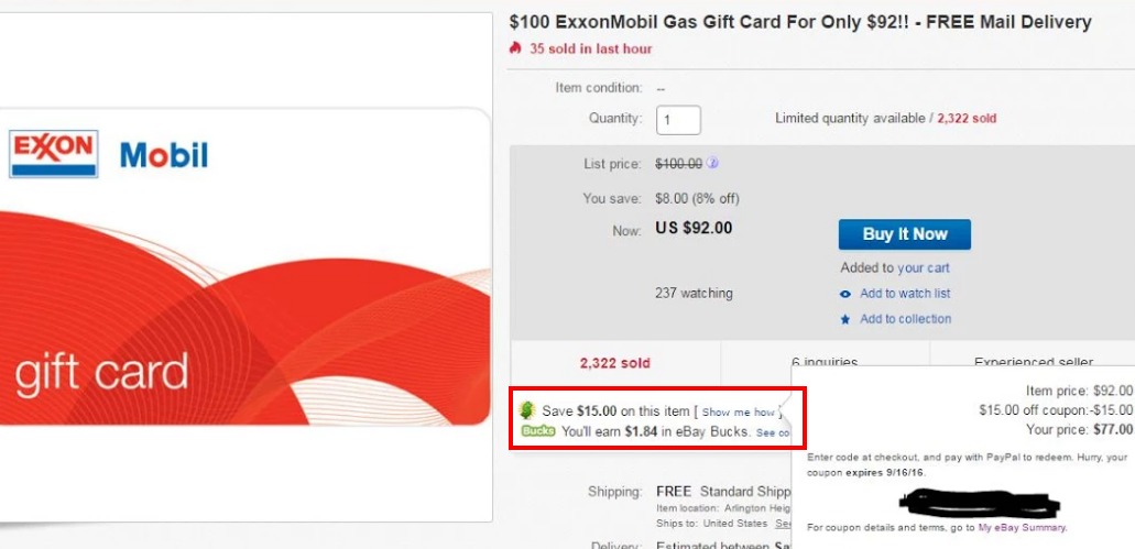 $15 Off $75 Coupon On Ebay, Get $100 Gas GC For $65 (Targeted)