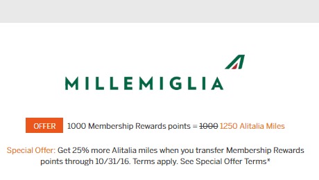 25% Bonus When Tranfserring MR Points To Alitalia Miles (1:1.25)
