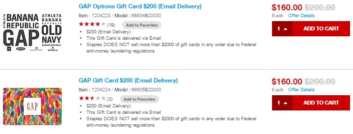 GAP Gift Cards, 20% Off At Staples Online And In-Store