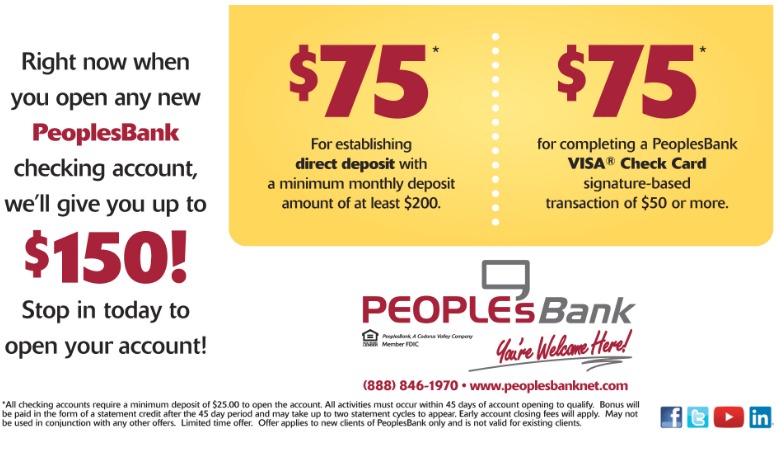 PeoplesBank, $150 Checking Bonus (MD, PA)