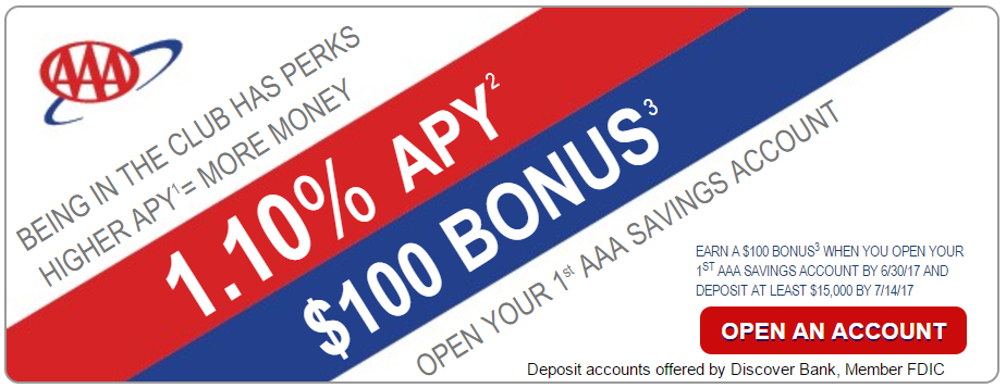 Discover AAA Savings, $100 Bonus With $15K Deposit