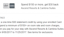 Amex Offers, $30 Off $150 At Ascend Resorts & Cambria Suites