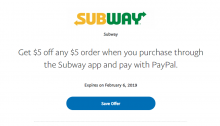 Free $8 to Spend at Subway with PayPal