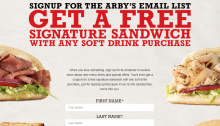 Arby’s, SignUp for Email List to Get Free Sandwich with Drink Purchase
