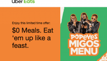 [Expired] Free Meals from Popeyes with Uber Eats (9-10PM, 12/19-12/21)