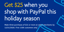 Get $25 When You make Three $35 Purchases at Select Merchants (Walmart, DoorDash etc.)